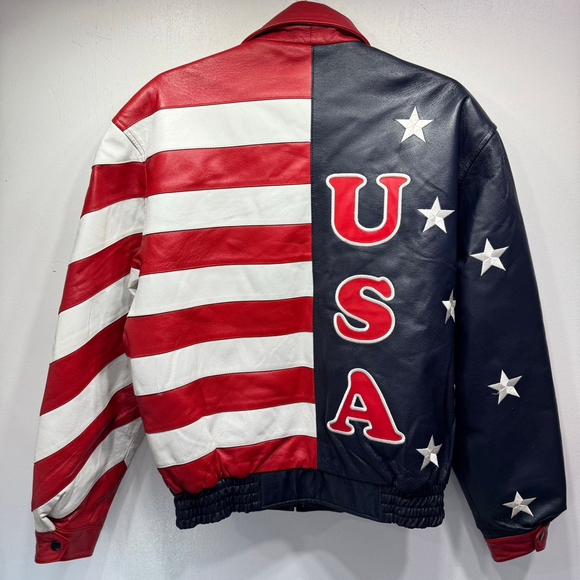 Vintage Leather USA Bomber Jacket American Flag Patriotic Stars & Stripes Moto - Picture 3 of 15